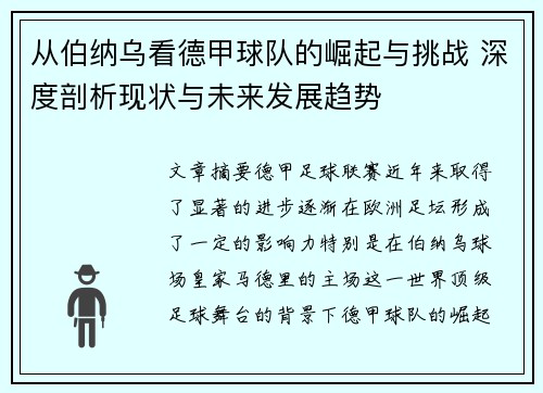从伯纳乌看德甲球队的崛起与挑战 深度剖析现状与未来发展趋势