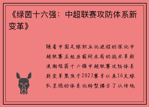 《绿茵十六强：中超联赛攻防体系新变革》